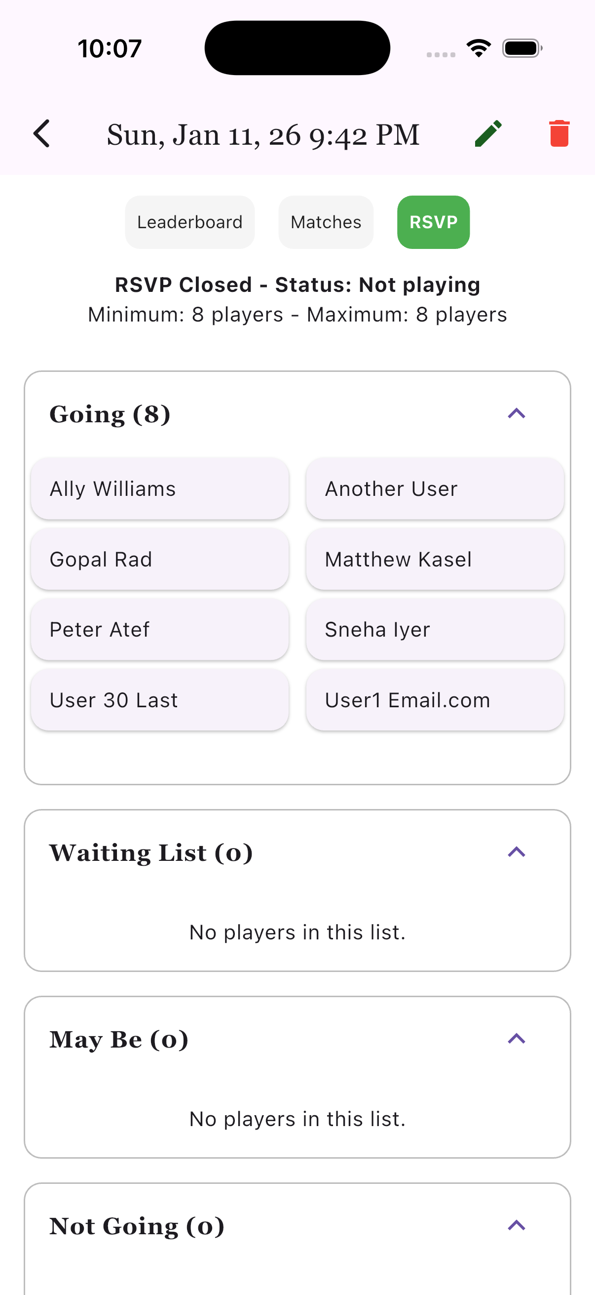 Detailed RSVP screen showing the players marked going for a game day.