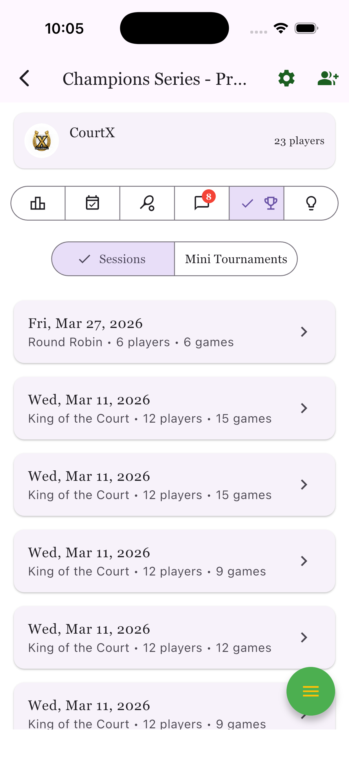 Completed sessions list inside the group history tab.